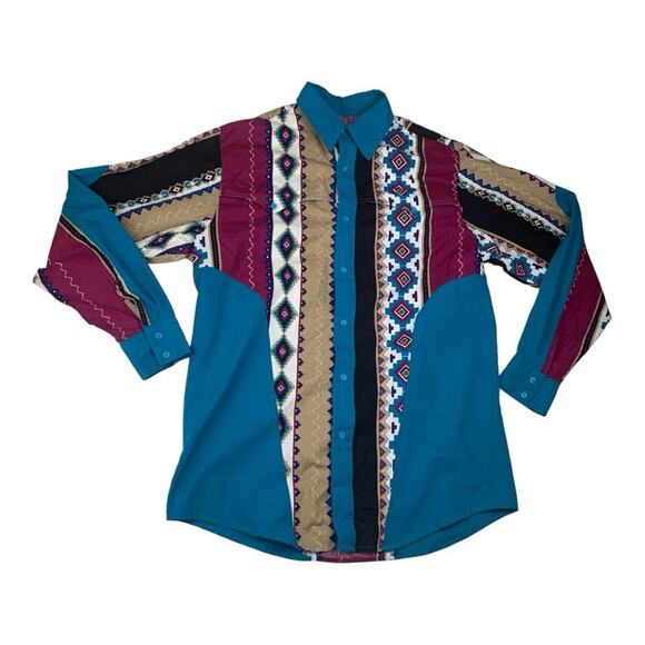 Steer West Mens XL vintage Button Down Shirt in Blue Red Geometric Patterns - Picture 1 of 9